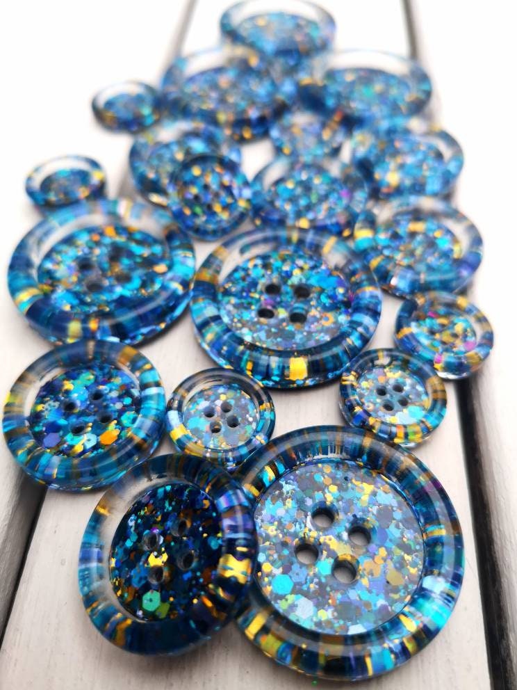 The Midsommer Button โ Enchanted Resin Button with Blue, Gold and Purple Sparkle