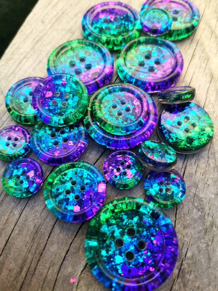 The Peacock Party Button β Shimmery Resin Button in Purple, Blue, Teal and Green