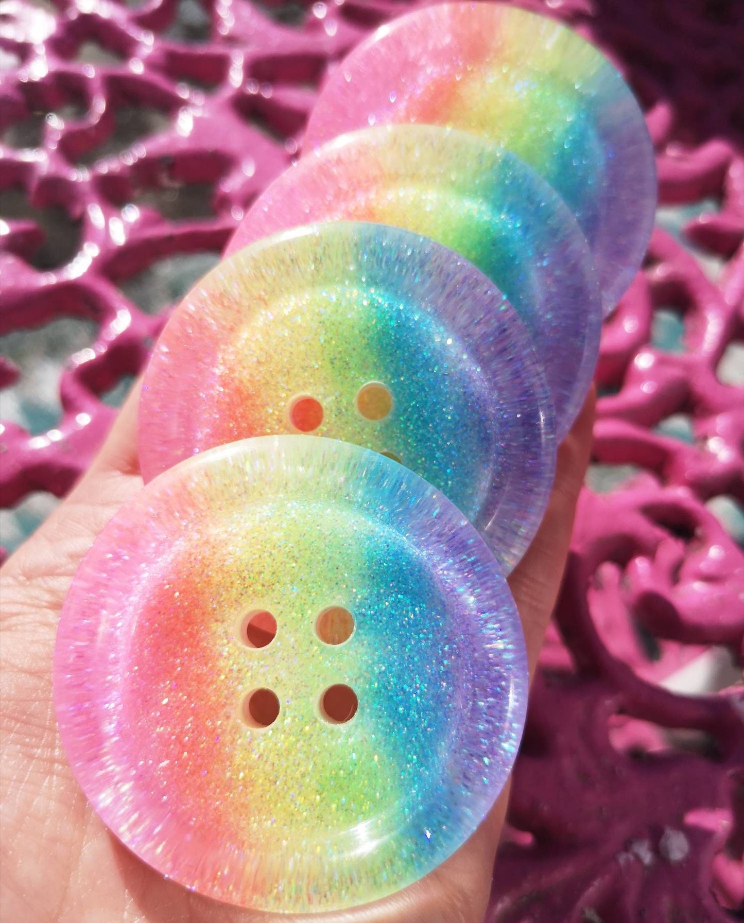 Iridescent Pastel Rainbow Button โ Chunky Resin Button with Soft Sparkle Stripes