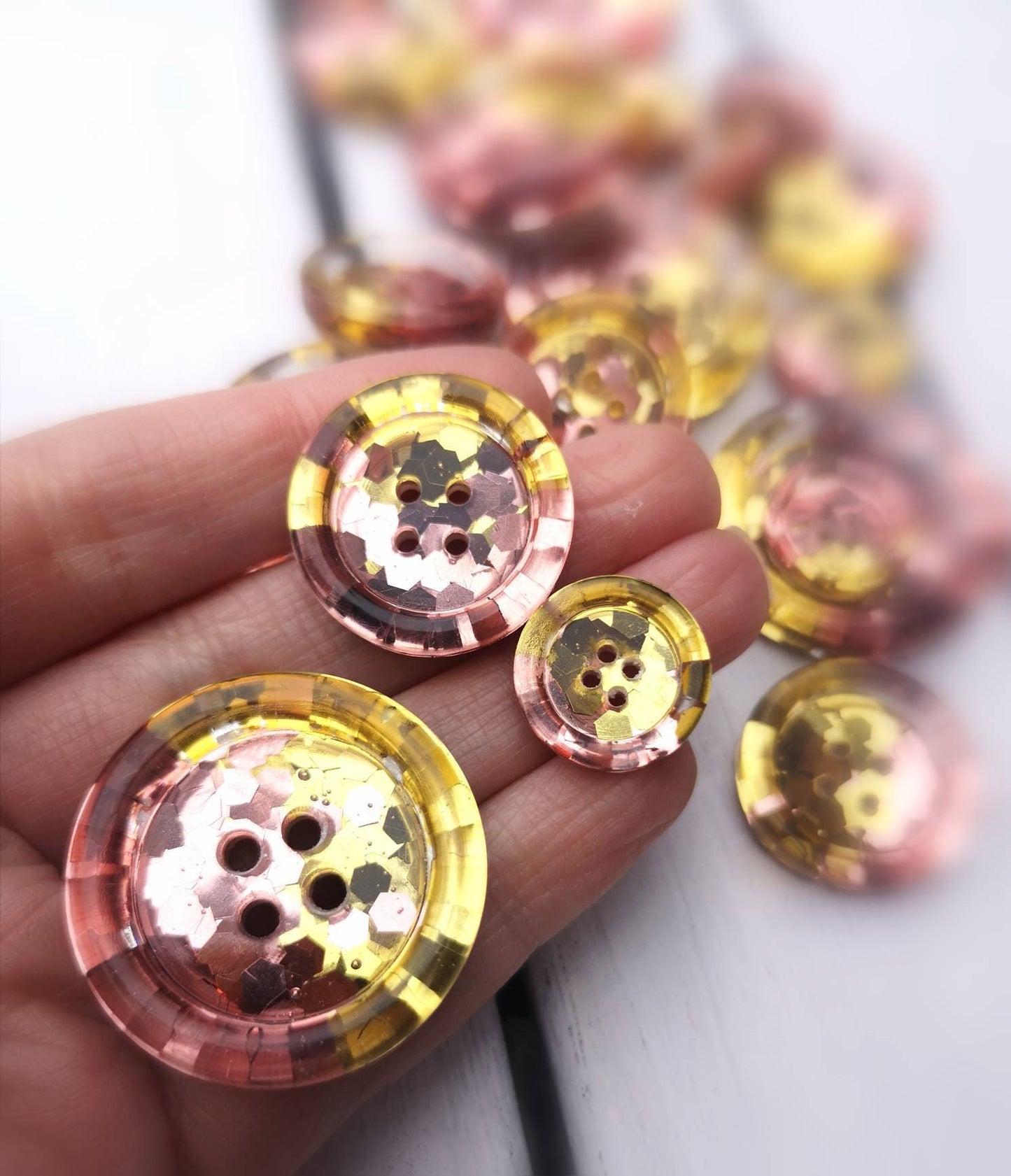 The Rosé and Shine button – Chunky Metallic Rose and Gold Glitter Resin Button
