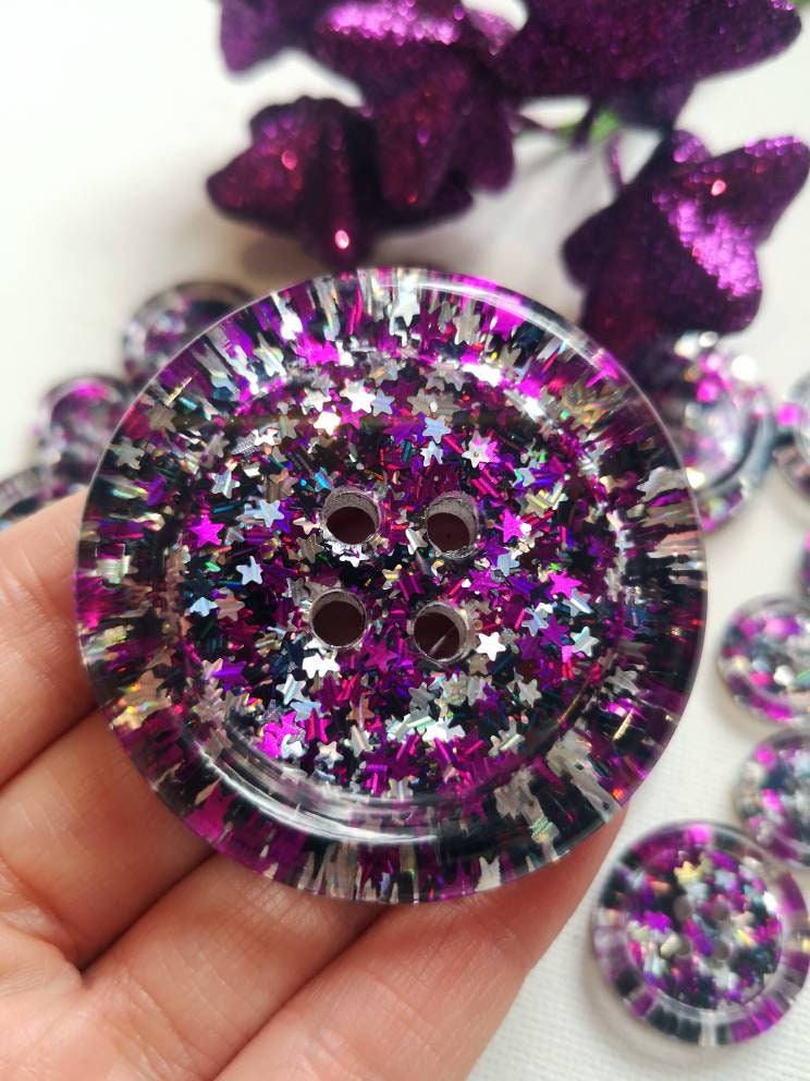 The Midnight Sass Button – Holographic Star Glitter Resin Button in Silver, Black and Purple