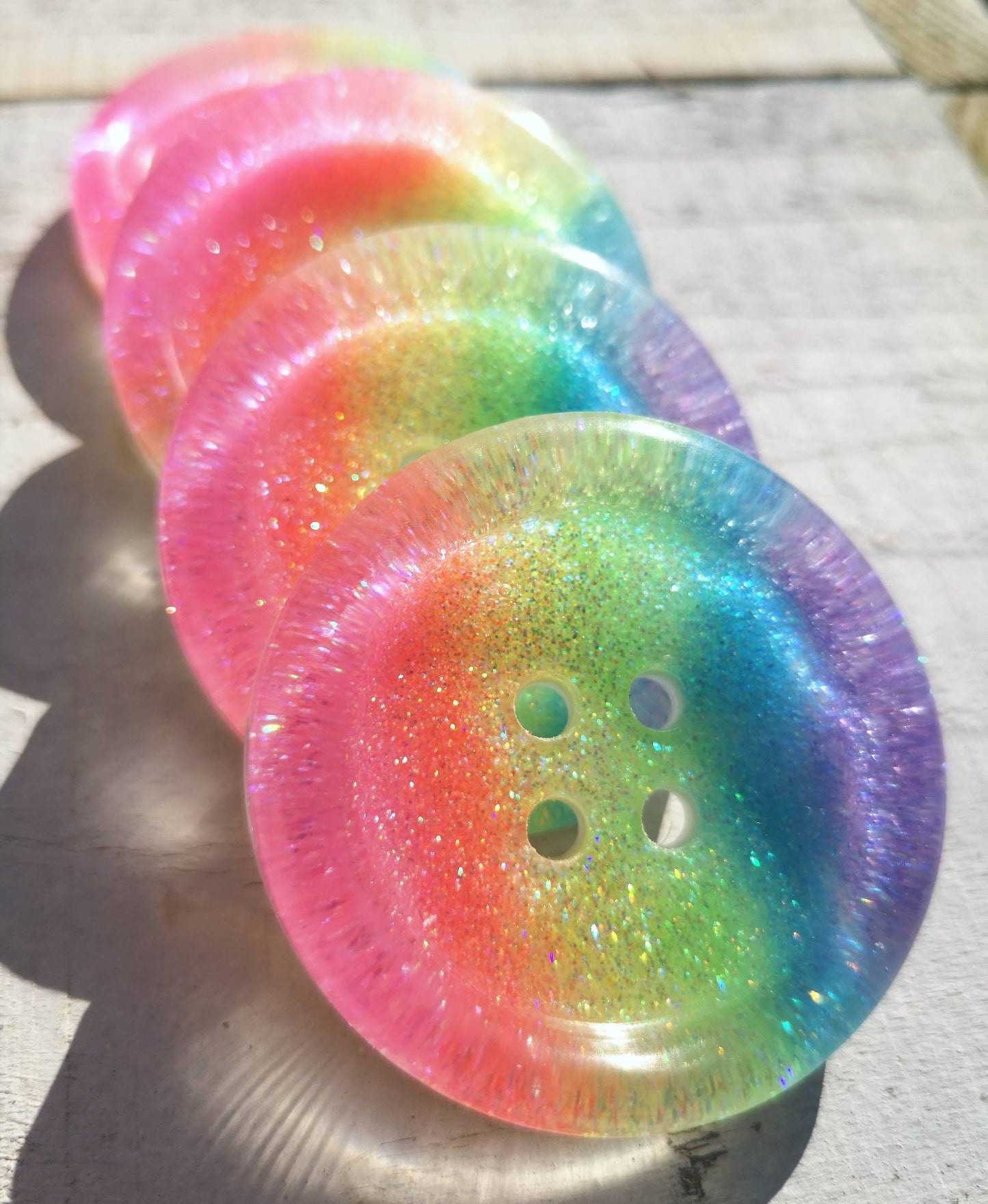 Iridescent Pastel Rainbow Button – Chunky Resin Button with Soft Sparkle Stripes
