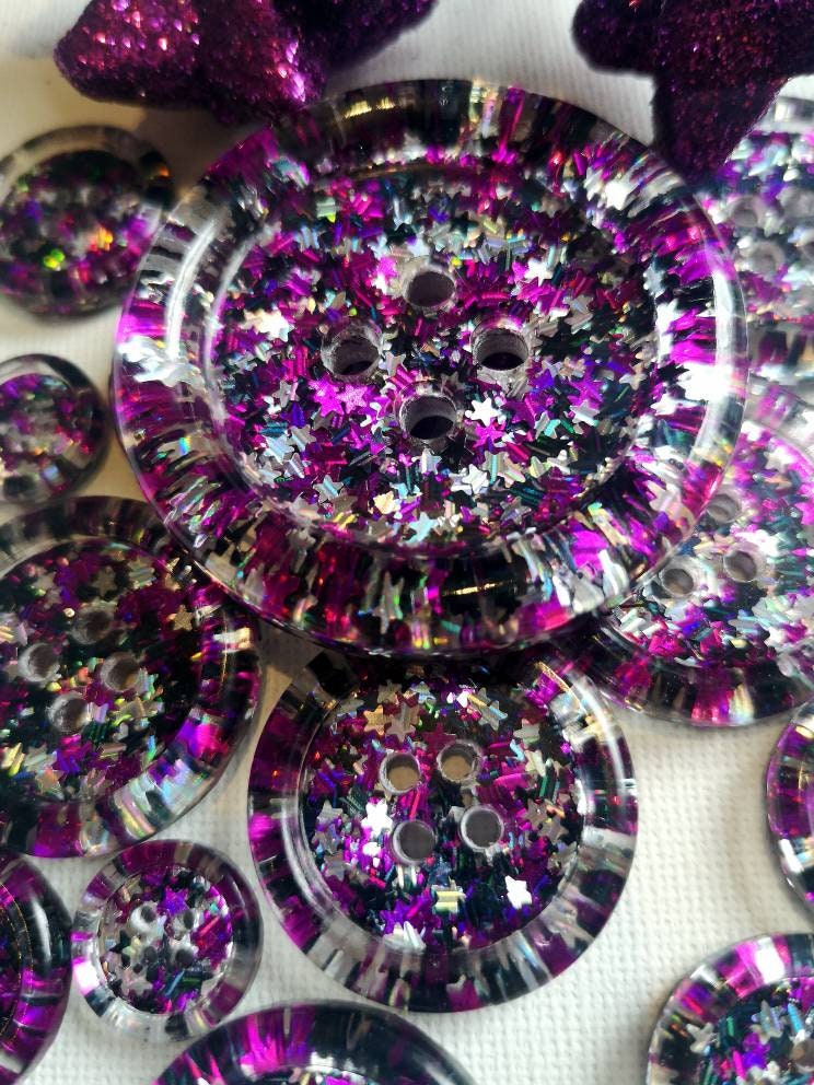 The Midnight Sass Button – Holographic Star Glitter Resin Button in Silver, Black and Purple
