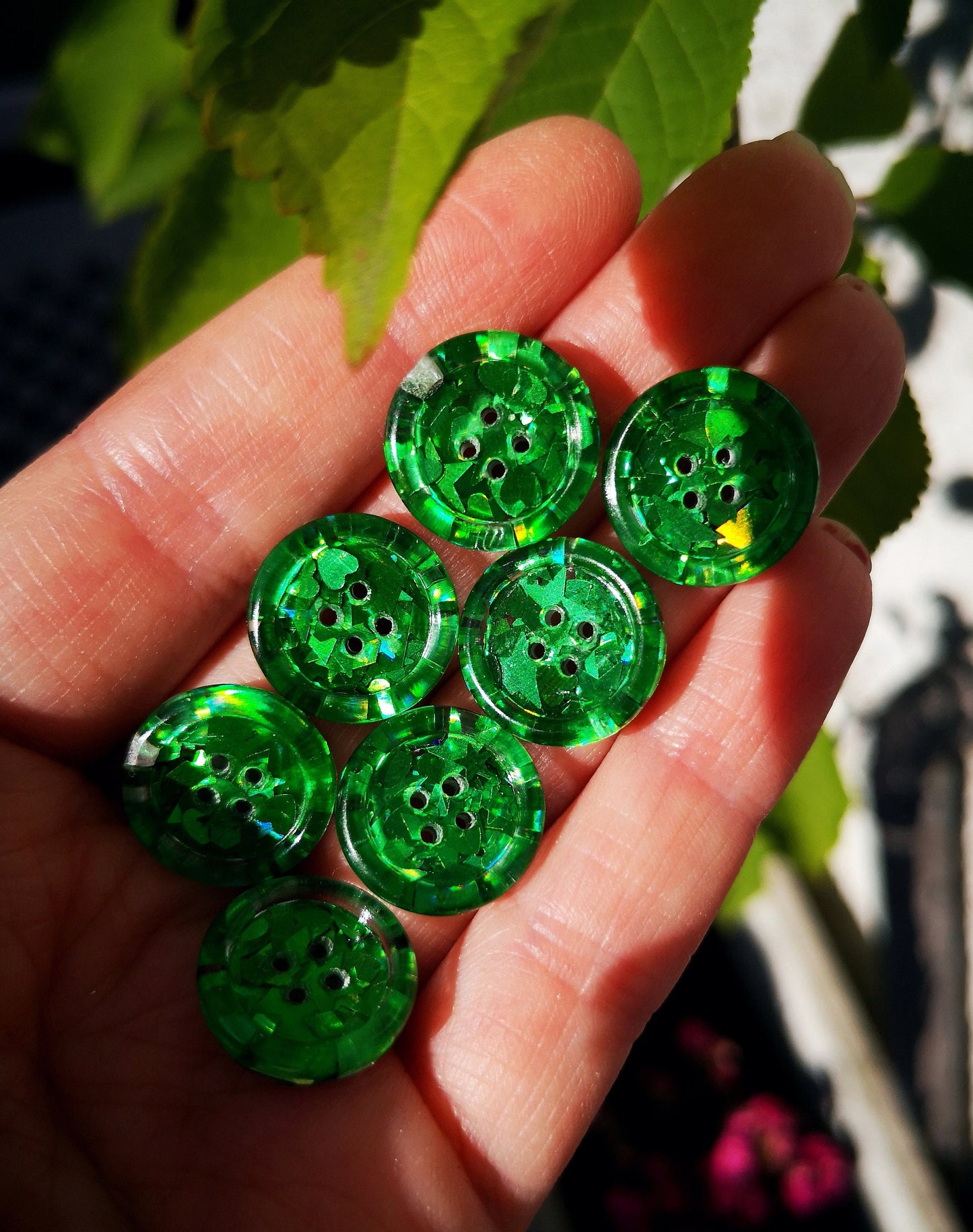 The Green-eyed Monster button - Colour shifting emerald green holographic iridescent glitter