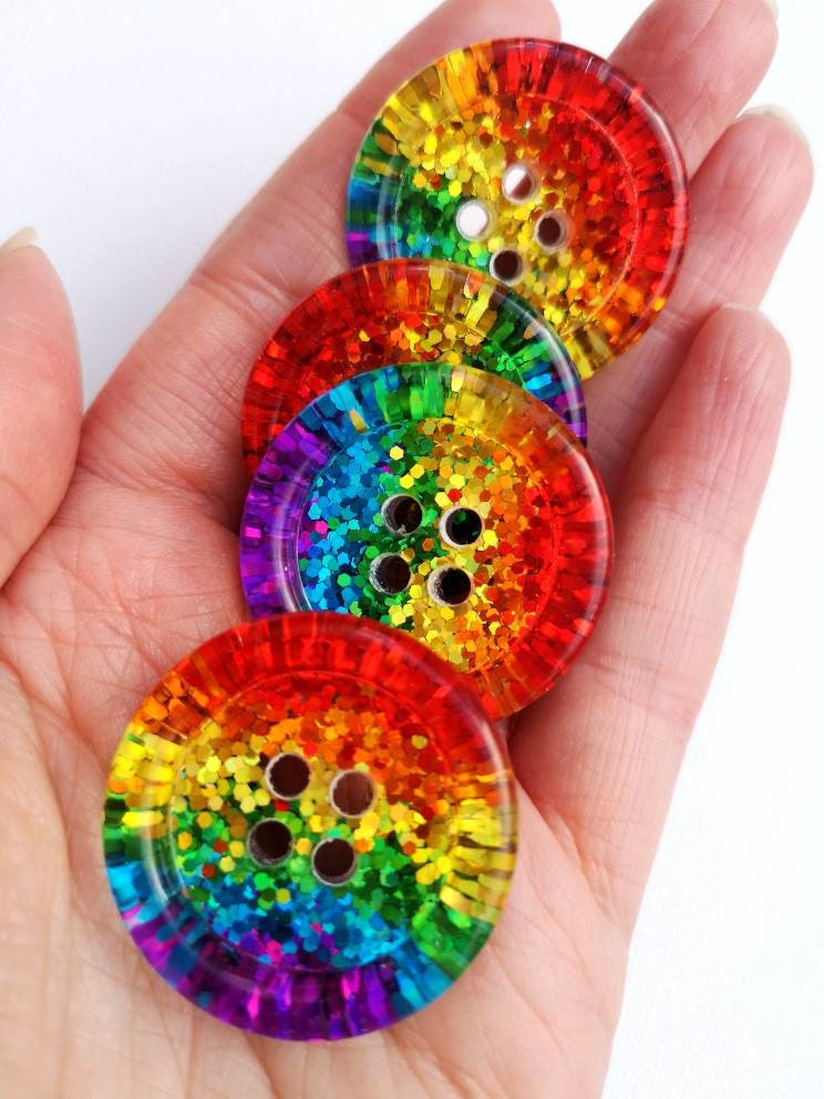 Classic Rainbow Stripe Button – Bright Chunky Resin Button Packed with Sparkle