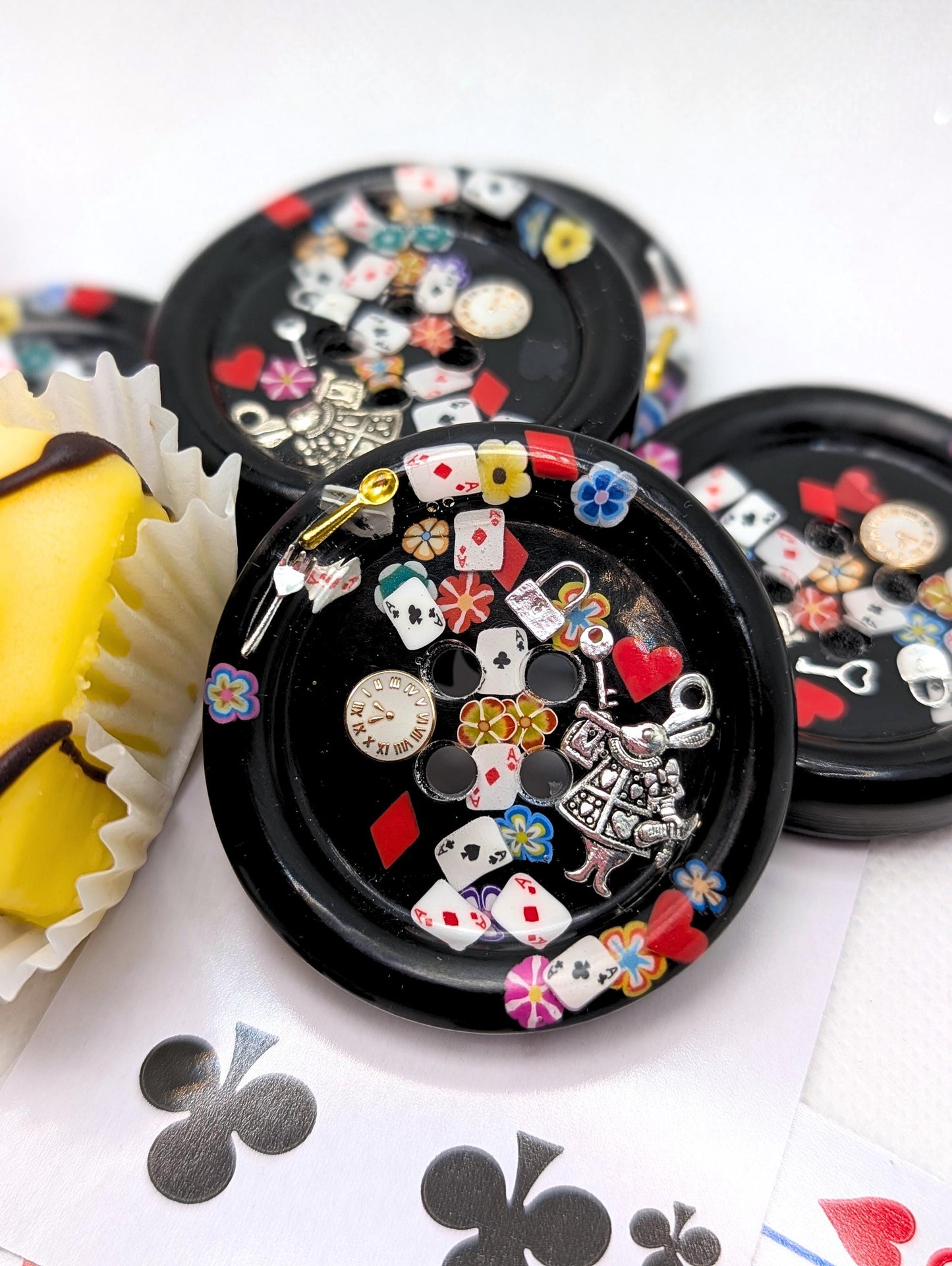 The Down The Button Hole Button - Giant One of a Kind Resin Art Button - Whimsical Collectable Fantasy sewing notion - Rabbit Cards & Charms