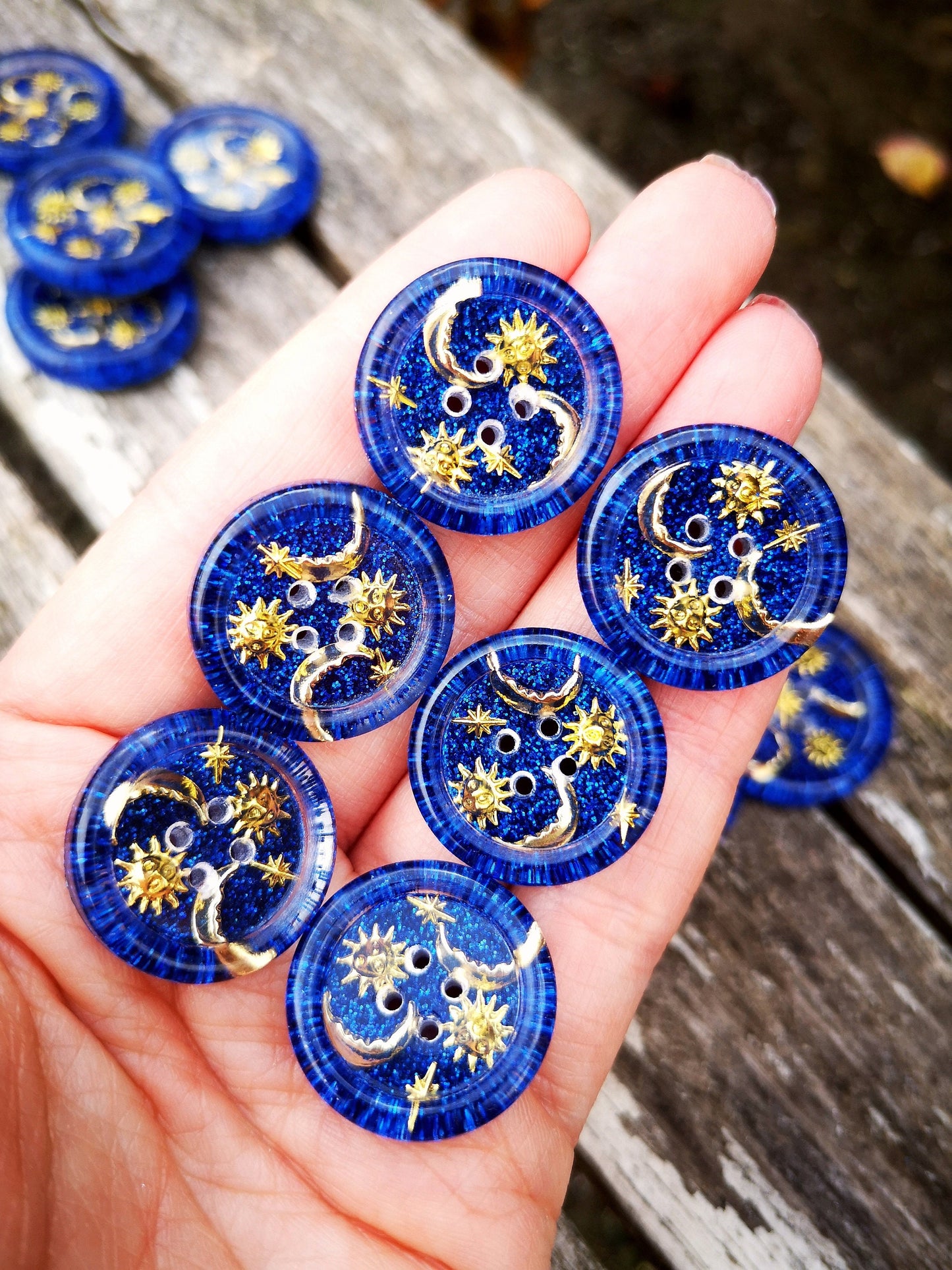 The Moonbeam Mixtape Button – 90s Celestial Resin Button with Suns, Moons and Stars