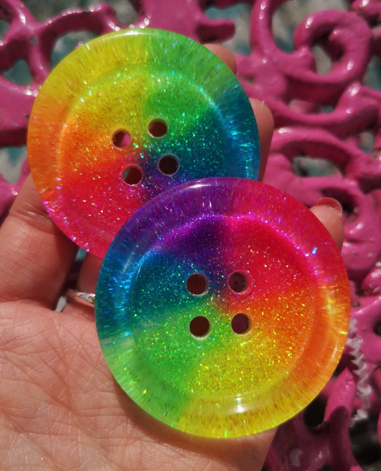 Neon Rainbow Wheel Button – Chunky Resin Button with Bright Glitter Sparkle