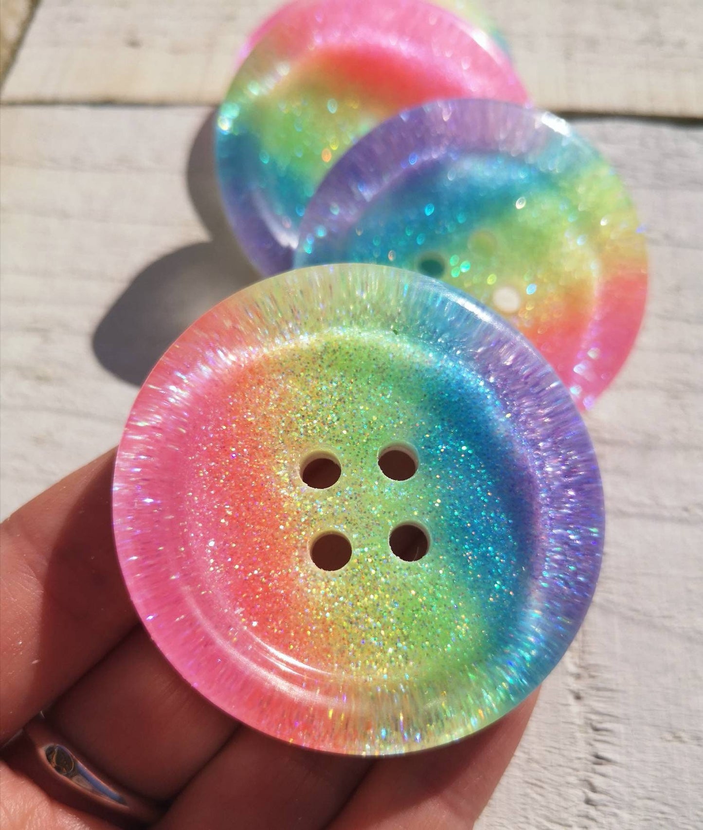 Iridescent Pastel Rainbow Button – Chunky Resin Button with Soft Sparkle Stripes