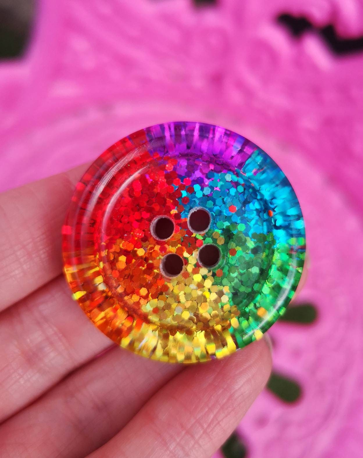 The Ultimate Rainbow Wheel Button – Chunky Resin Button with Dazzling Glitter Wheel Pattern