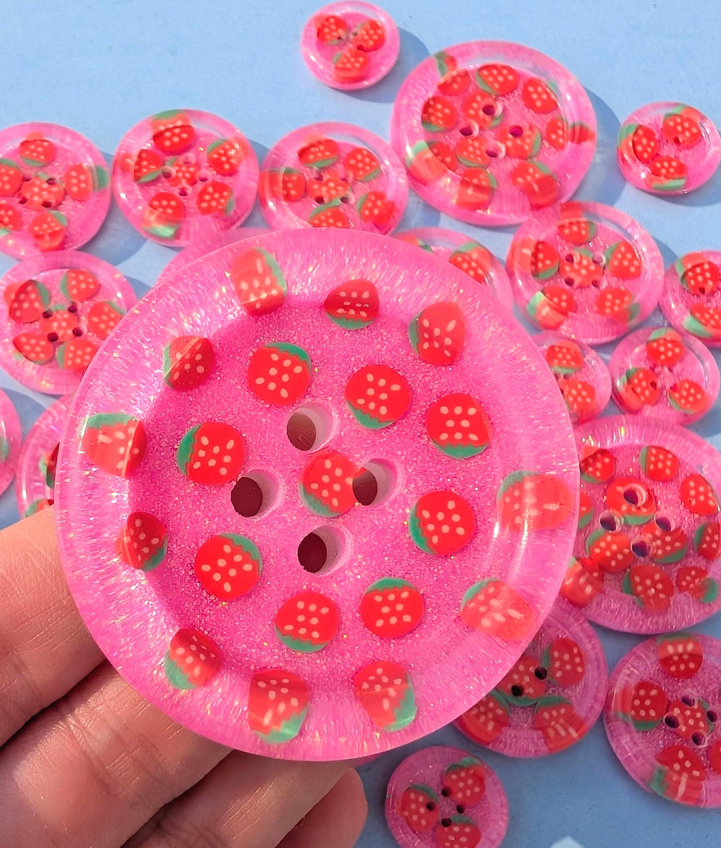 The Berry Cute Button – Strawberry Resin Button with Bubblegum Pink Glitter Sparkle