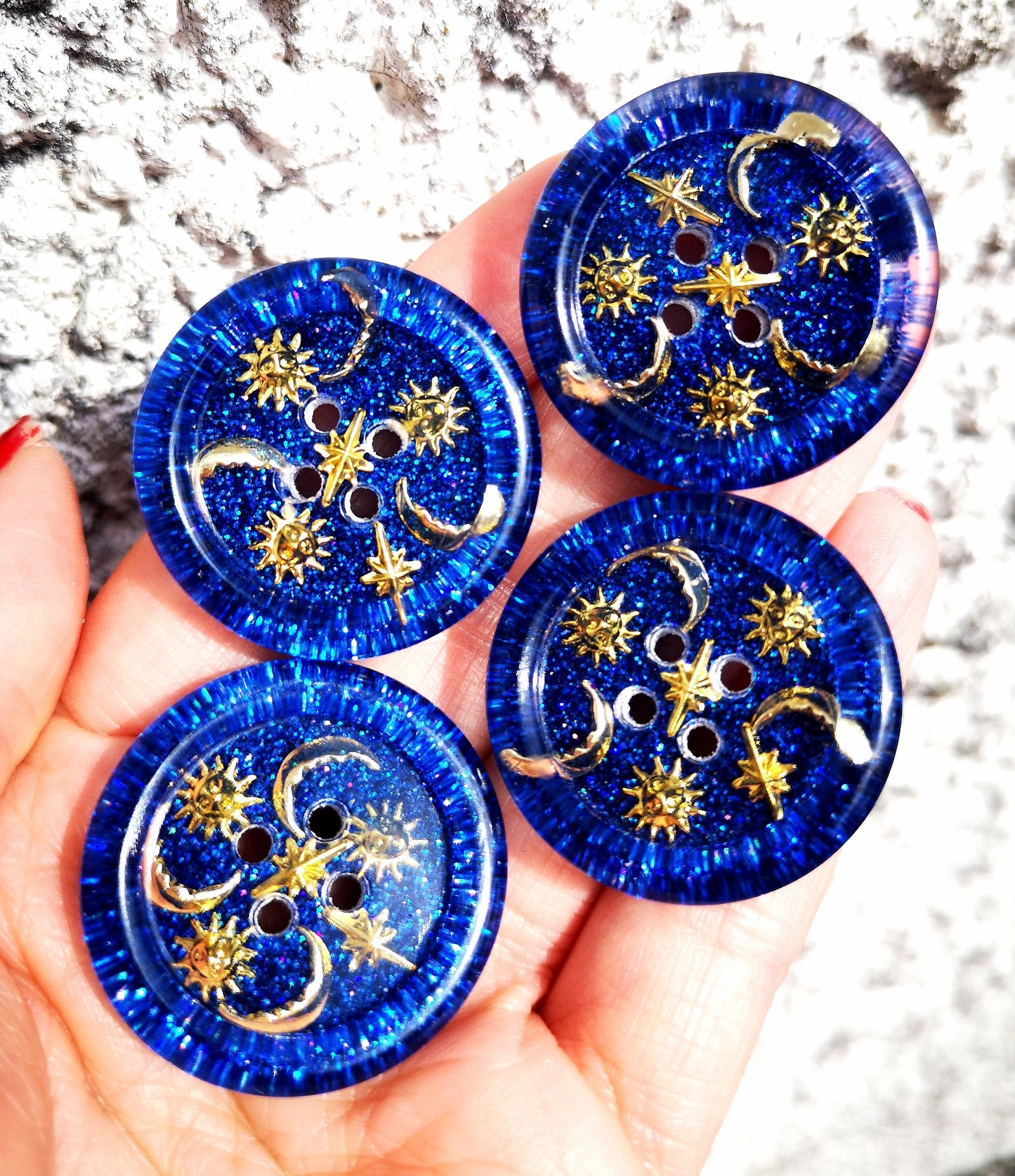 The Moonbeam Mixtape Button – 90s Celestial Resin Button with Suns, Moons and Stars
