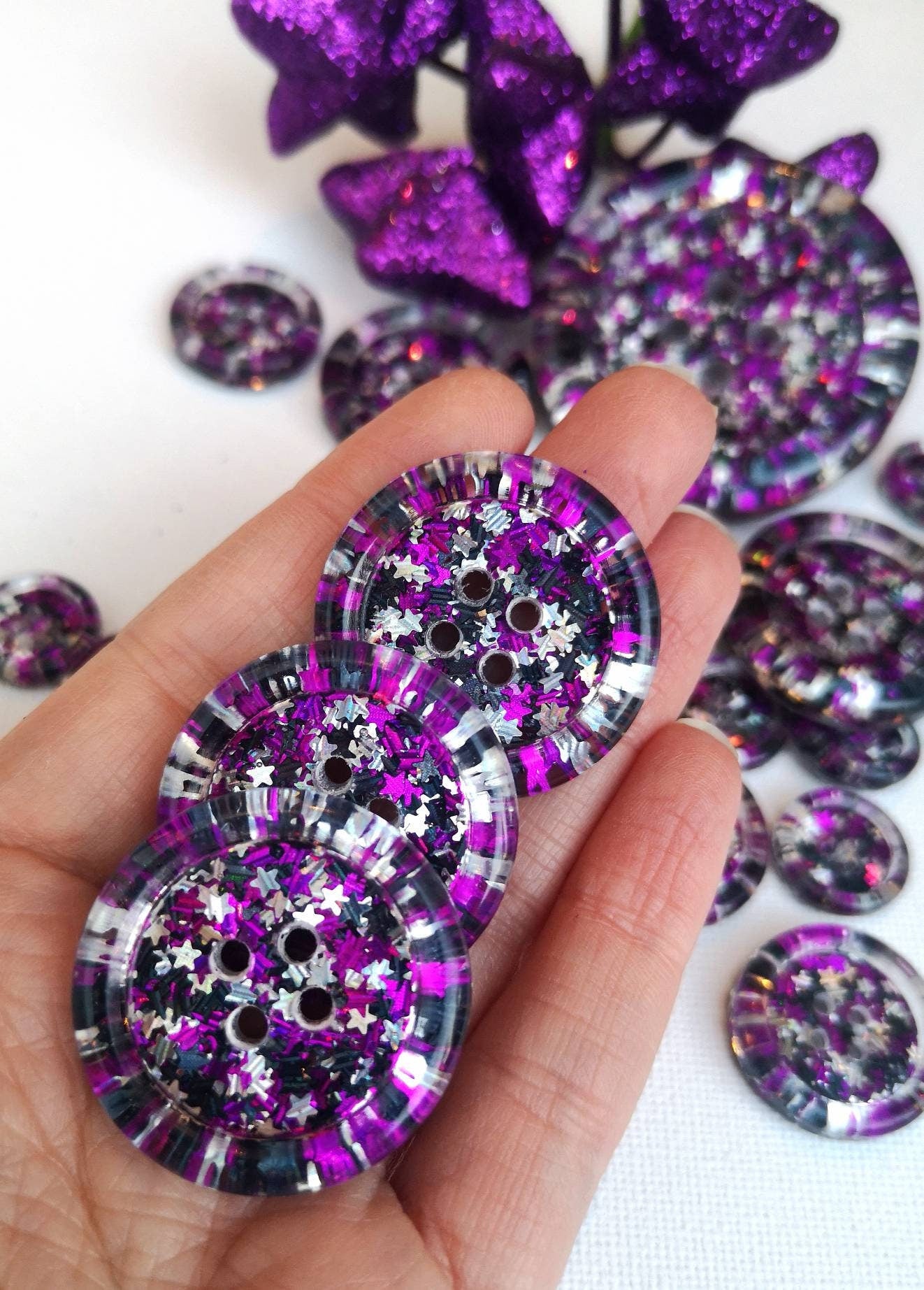 The Midnight Sass Button – Holographic Star Glitter Resin Button in Silver, Black and Purple