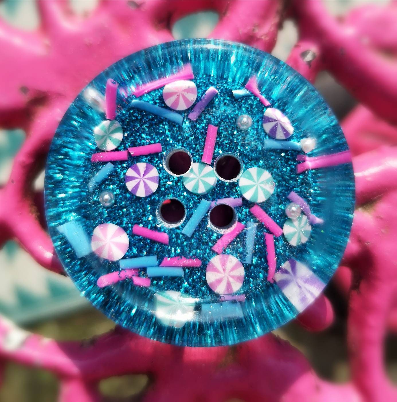 The Kandy Pop Button – Magical Candy-Inspired Resin Button with Aqua Glitter