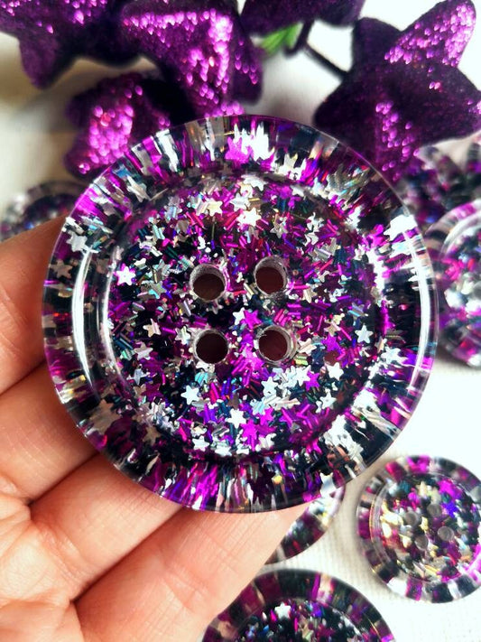 The Midnight Sass Button – Holographic Star Glitter Resin Button in Silver, Black and Purple