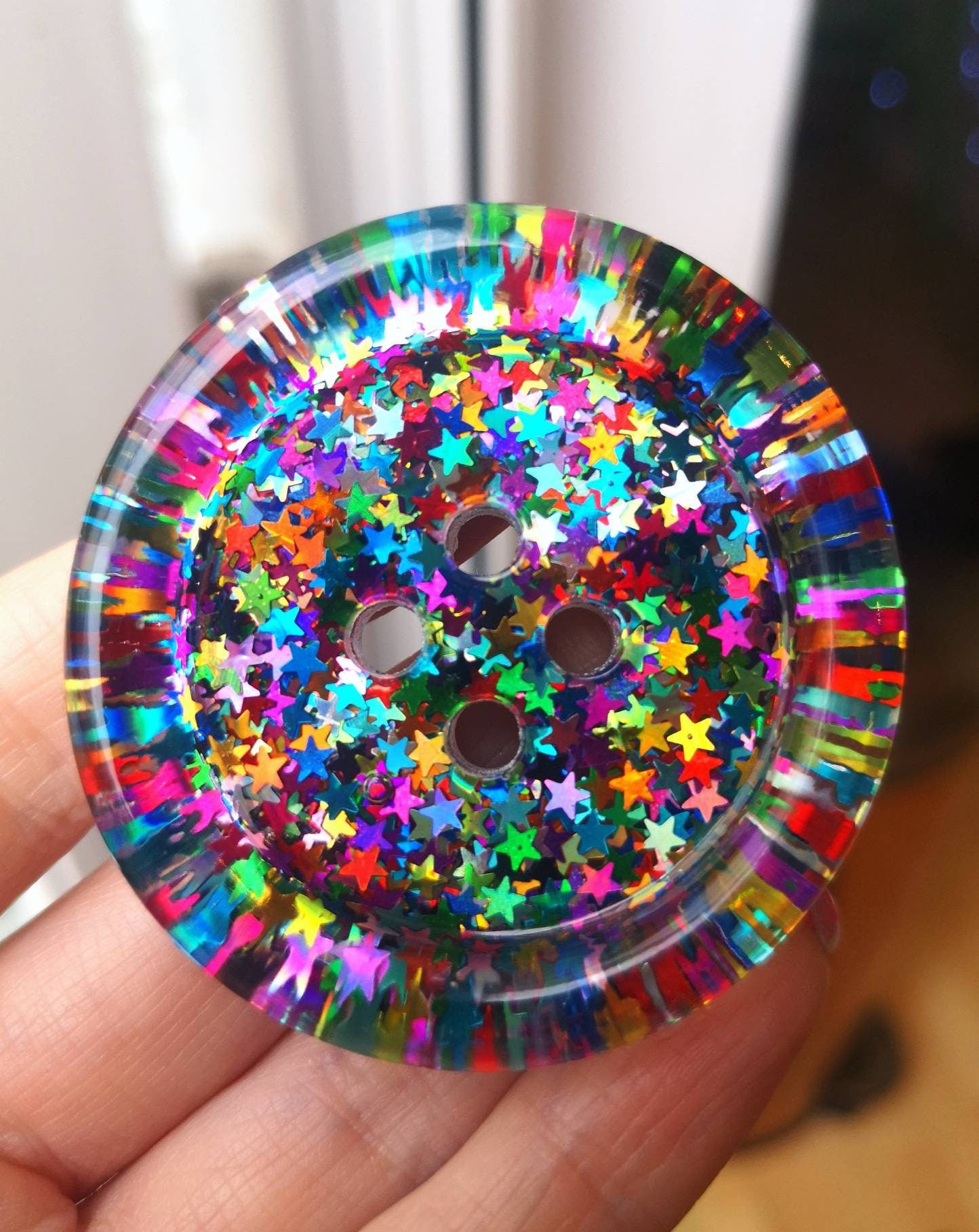 The Rainbow Brite button - Rainbow shiny star glitter - retro
