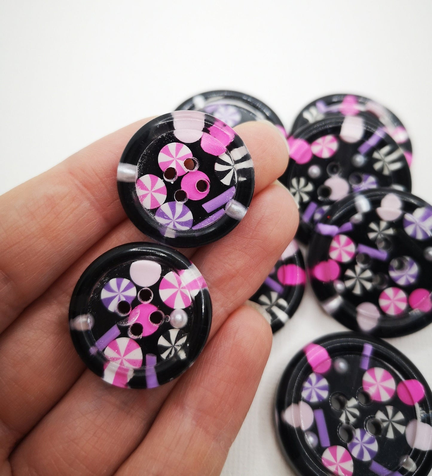 The Sweets of London Button – Liquorice Black Resin with Candy Sprinkles and Swirls