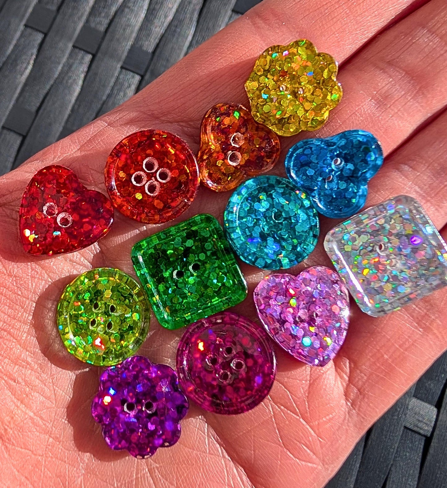 The Mini Rainbow Set – Tiny Sparkly Holographic Resin Buttons in Full Spectrum Colours