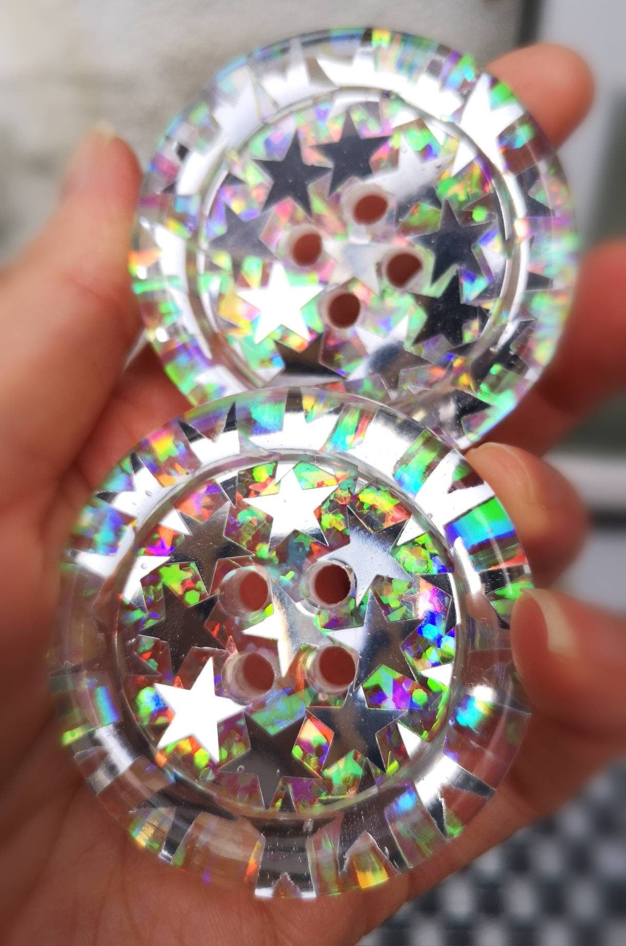 The Space Up Your Life button – Cosmic Silver Star Resin Button with Iridescent Glitter