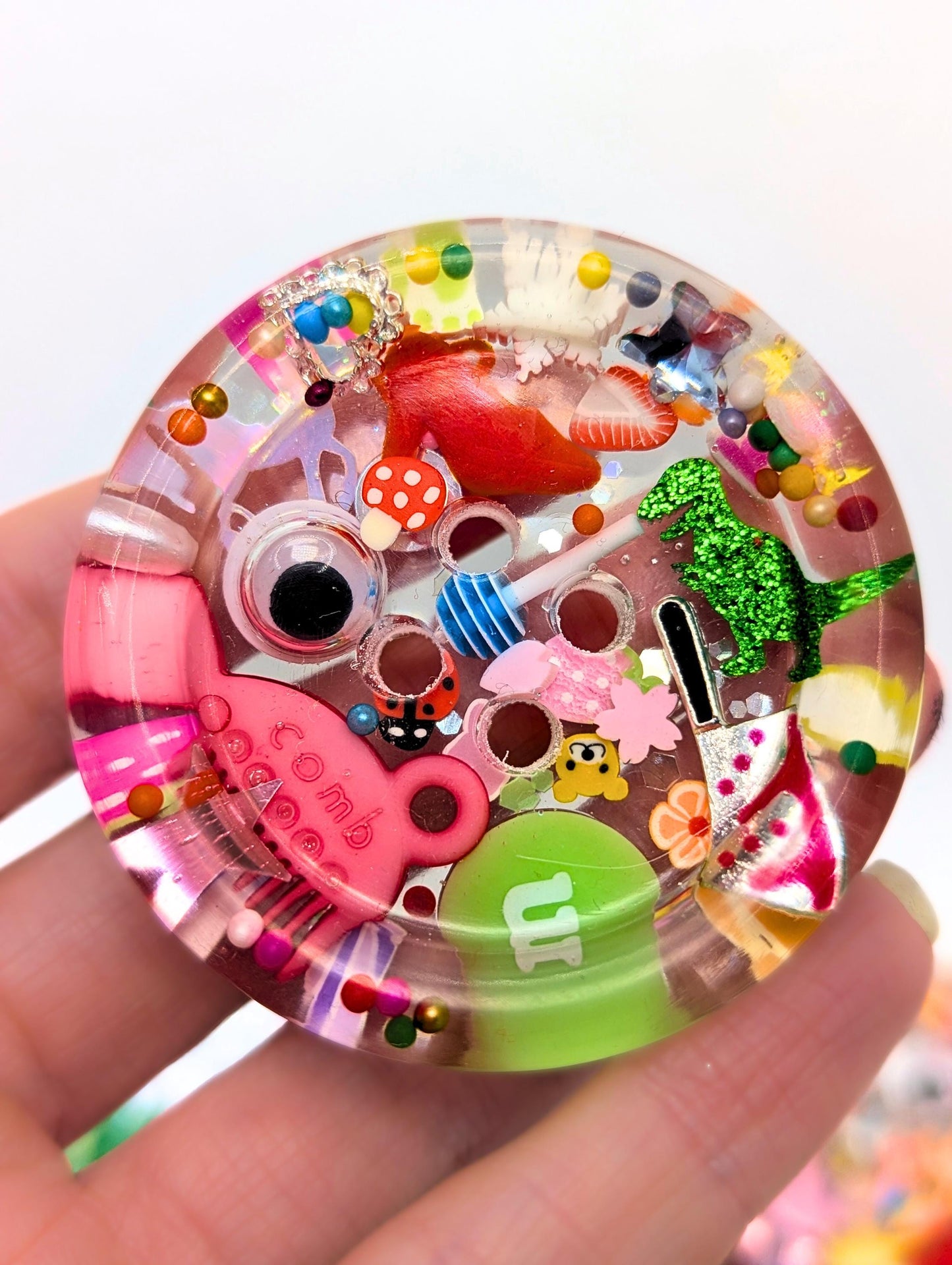 The Eye Spy Button - Giant Resin Art Button 50mm - Toy Collage diorama - Funky Fidget Toy - Weird & Wonderful Gift for knitters crocheters