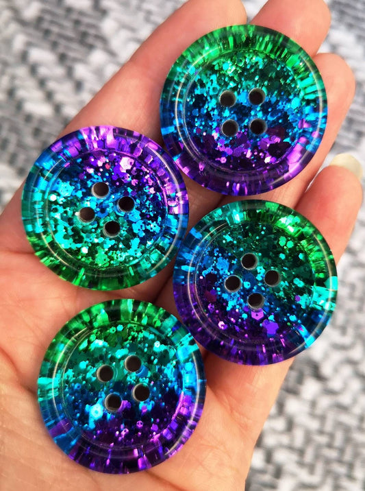 The Peacock Party Button – Shimmery Resin Button in Purple, Blue, Teal and Green