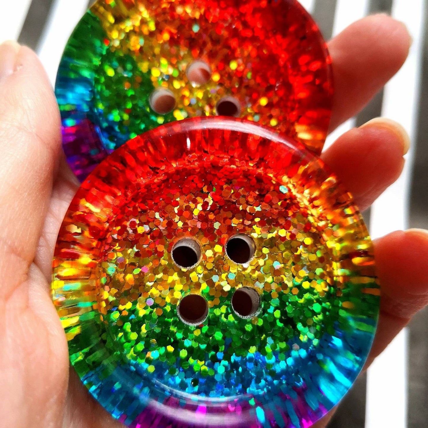 Classic Rainbow Stripe Button – Bright Chunky Resin Button Packed with Sparkle