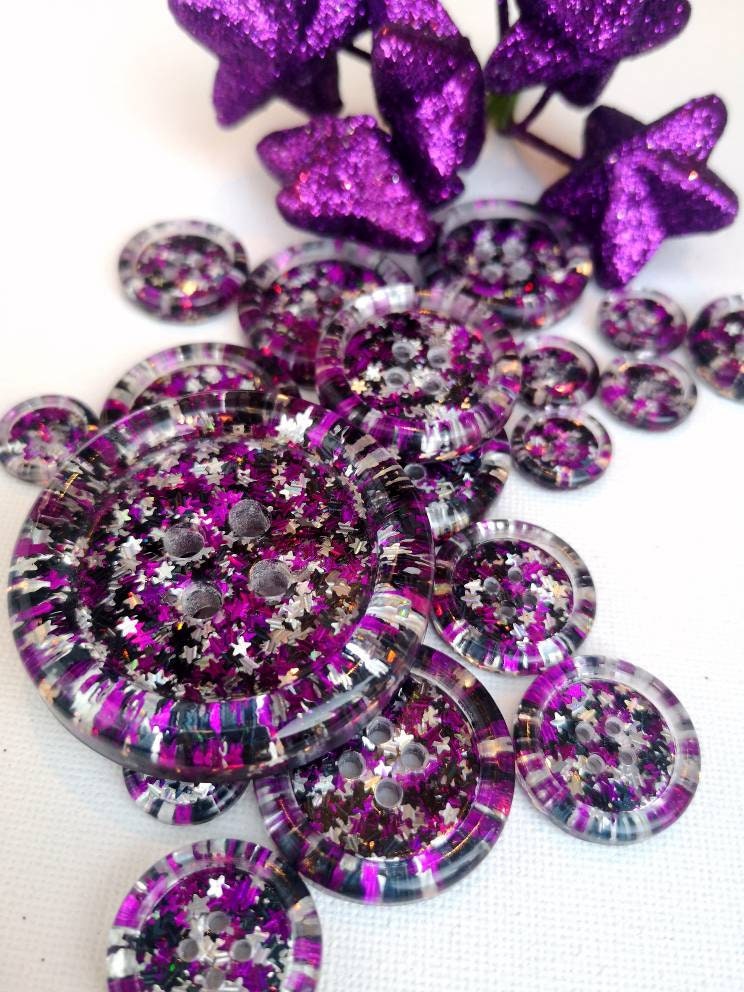 The Midnight Sass Button – Holographic Star Glitter Resin Button in Silver, Black and Purple