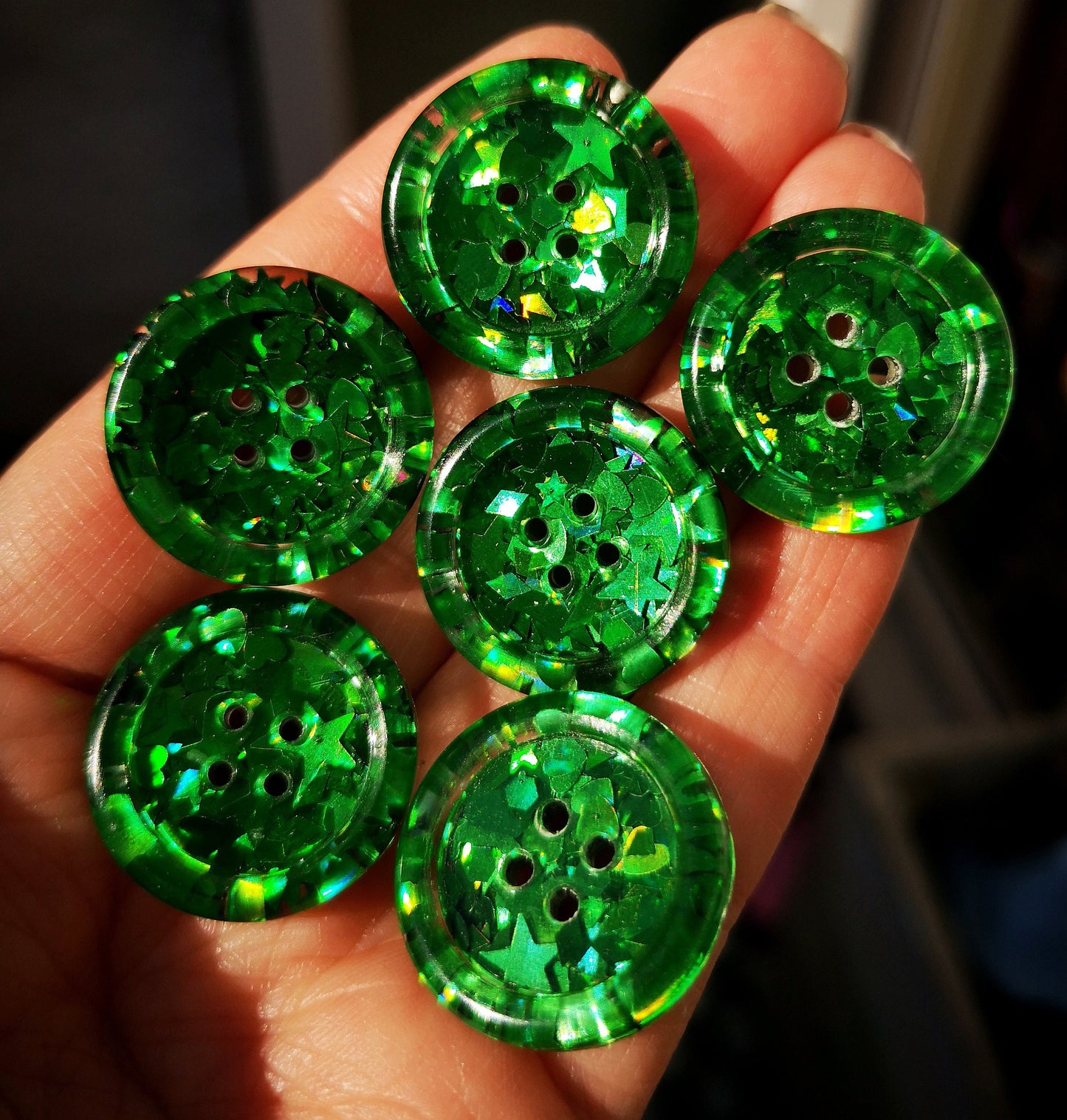 The Green-eyed Monster button - Colour shifting emerald green holographic iridescent glitter