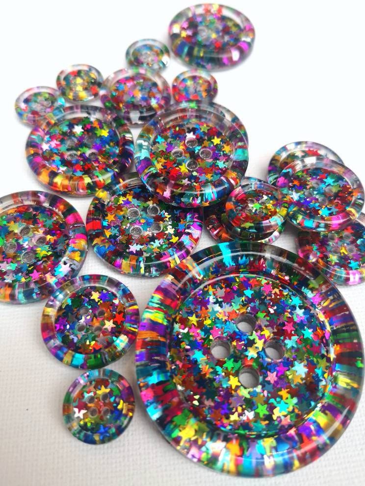 The Rainbow Brite button - Rainbow shiny star glitter - retro