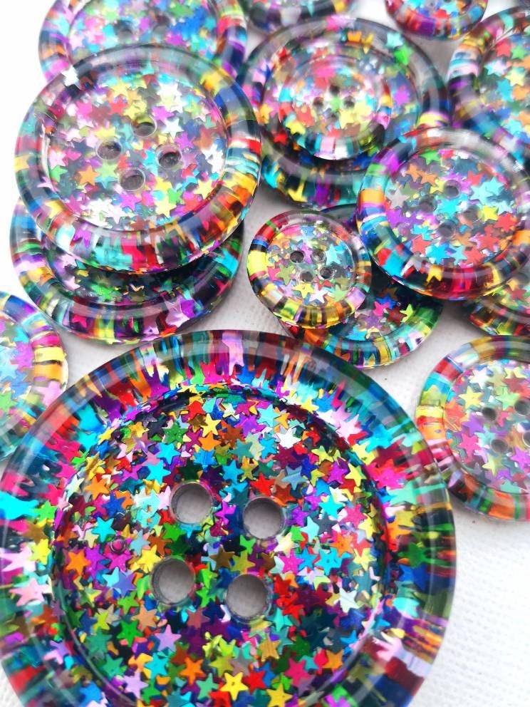 The Rainbow Brite button - Rainbow shiny star glitter - retro