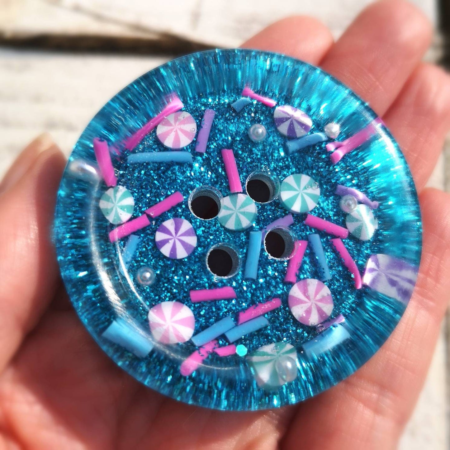 The Kandy Pop Button – Magical Candy-Inspired Resin Button with Aqua Glitter