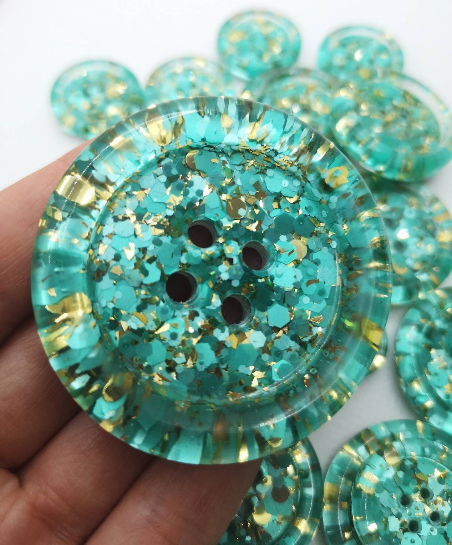 The Mint To Be button. Mint green and gold shimmer pearl glitter