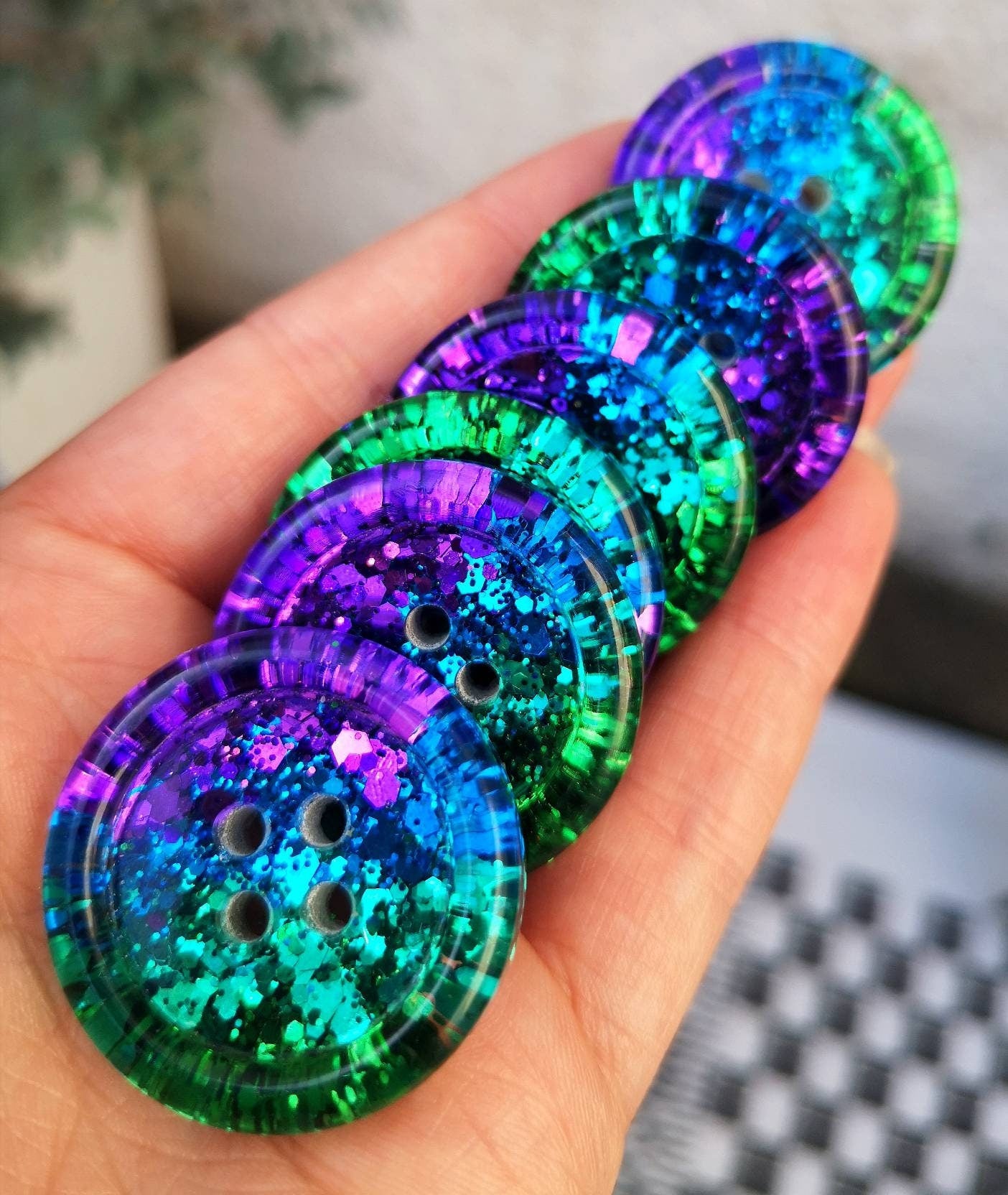 The Peacock Party Button – Shimmery Resin Button in Purple, Blue, Teal and Green