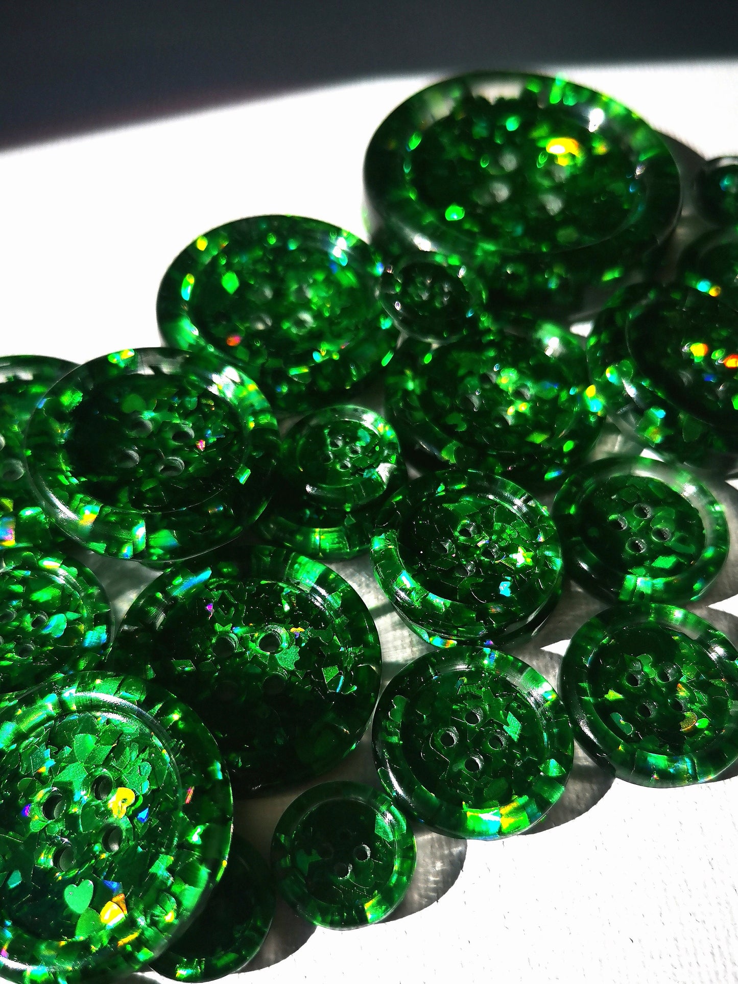 The Green-eyed Monster button - Colour shifting emerald green holographic iridescent glitter