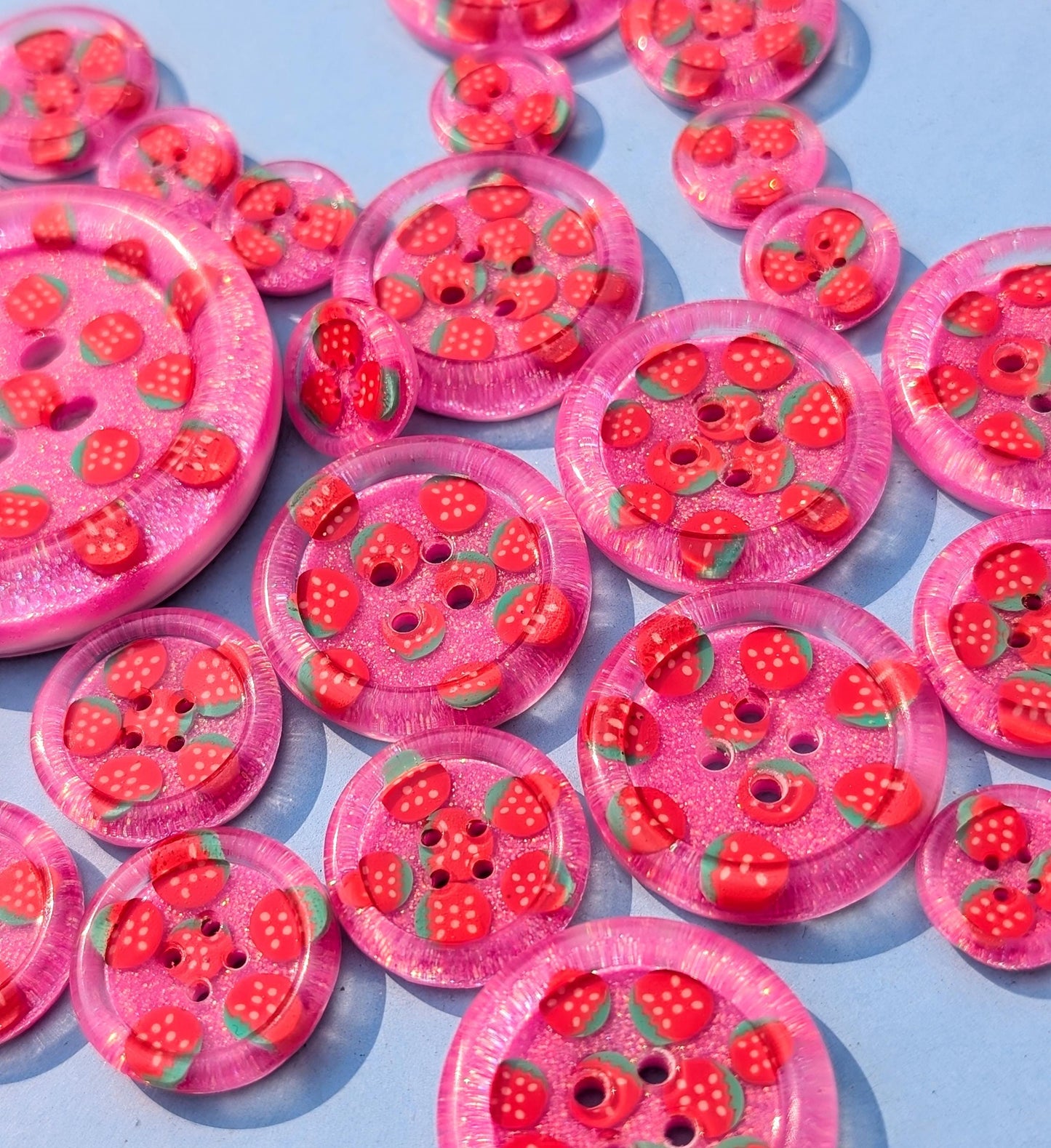 The Berry Cute Button – Strawberry Resin Button with Bubblegum Pink Glitter Sparkle