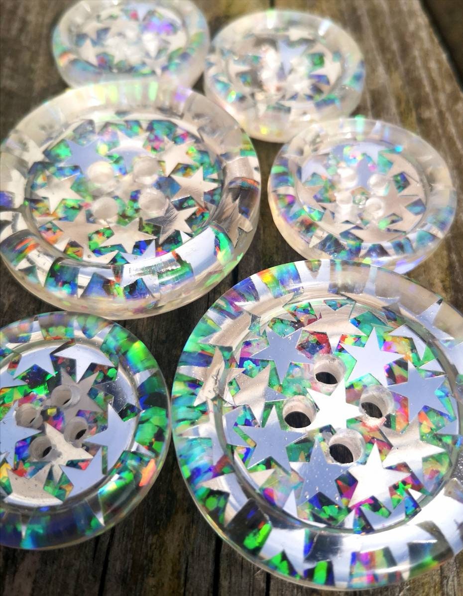 The Space Up Your Life button – Cosmic Silver Star Resin Button with Iridescent Glitter