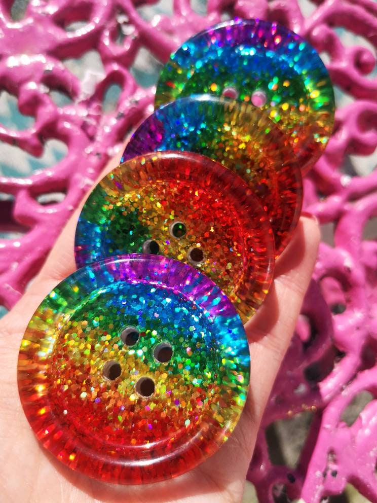 Classic Rainbow Stripe Button – Bright Chunky Resin Button Packed with Sparkle