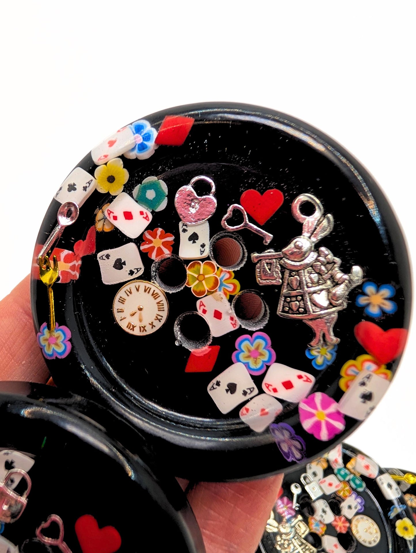 The Down The Button Hole Button - Giant One of a Kind Resin Art Button - Whimsical Collectable Fantasy sewing notion - Rabbit Cards & Charms