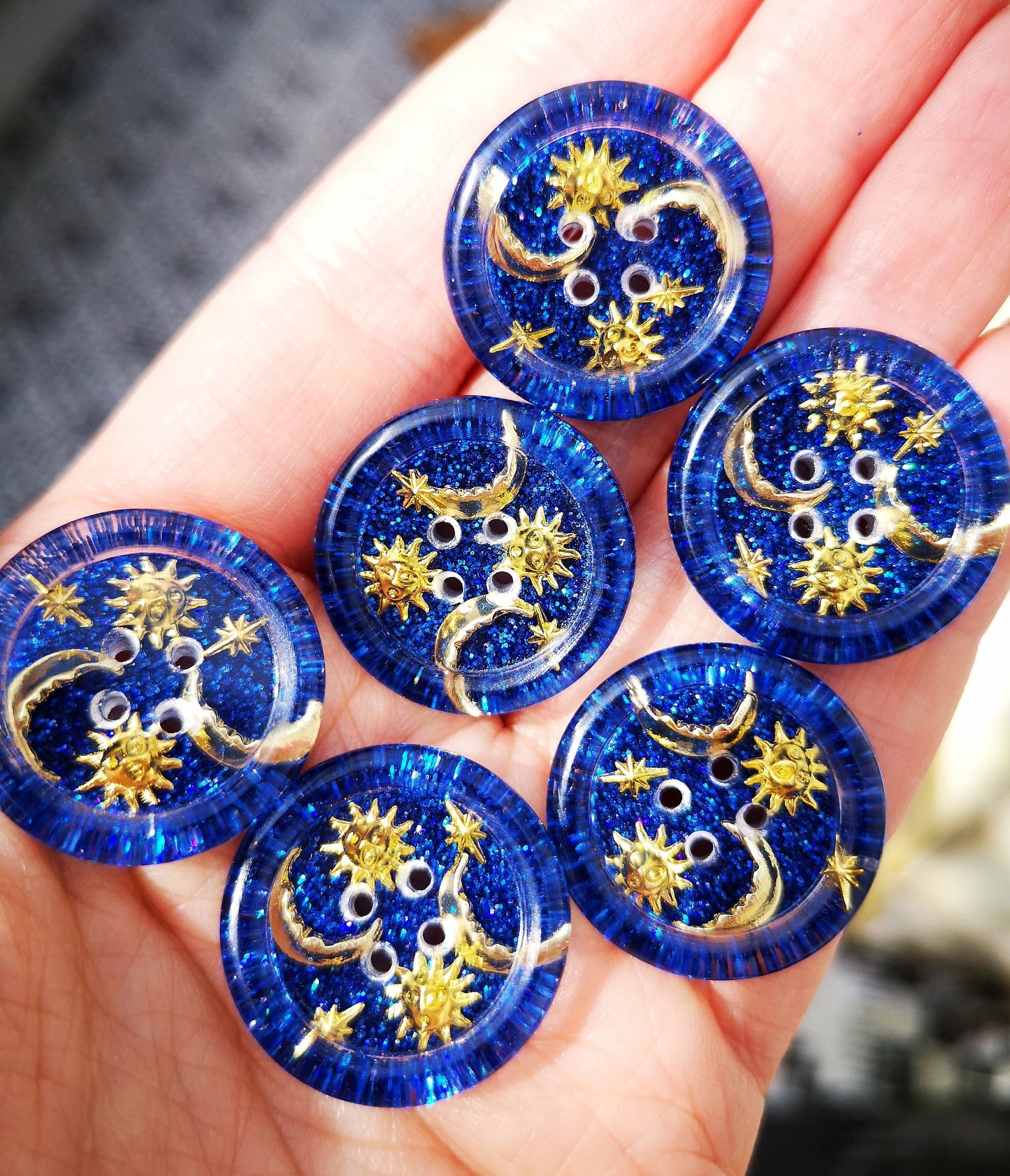 The Moonbeam Mixtape Button – 90s Celestial Resin Button with Suns, Moons and Stars