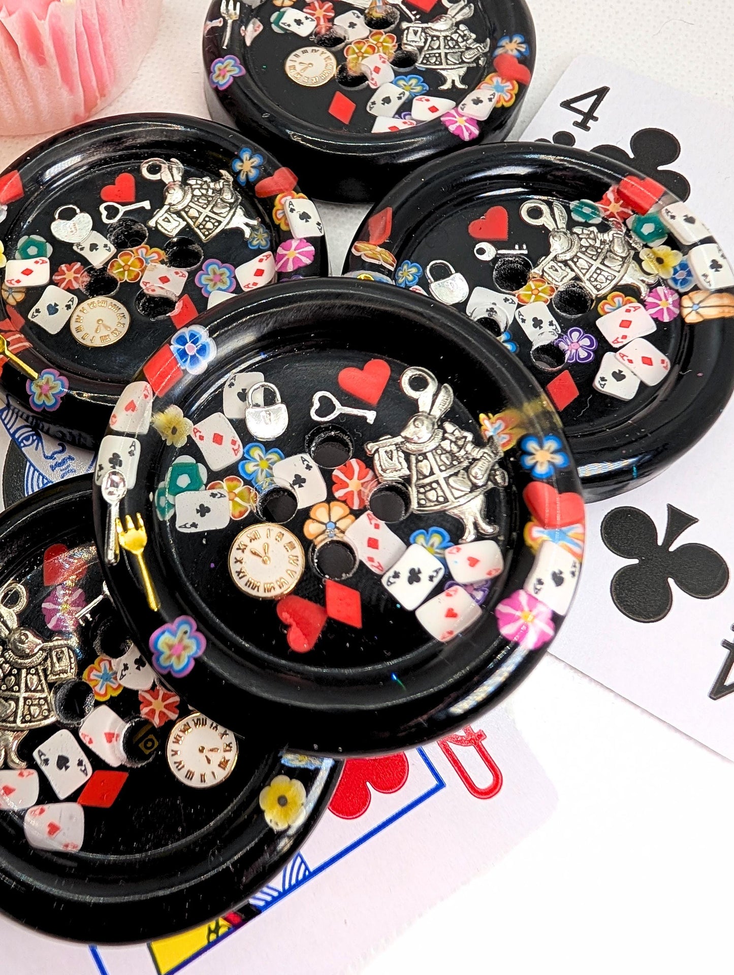 The Down The Button Hole Button - Giant One of a Kind Resin Art Button - Whimsical Collectable Fantasy sewing notion - Rabbit Cards & Charms