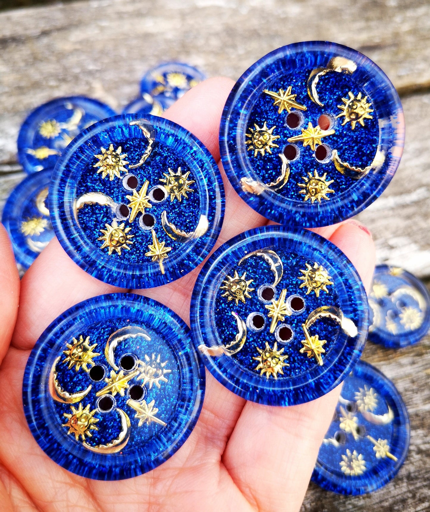 The Moonbeam Mixtape Button – 90s Celestial Resin Button with Suns, Moons and Stars