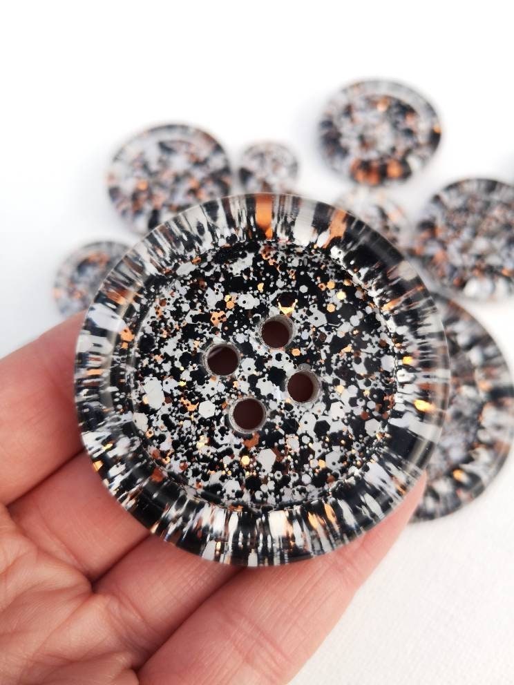 The Magpie - monochrome glitter buttons with copper metallic sparkle