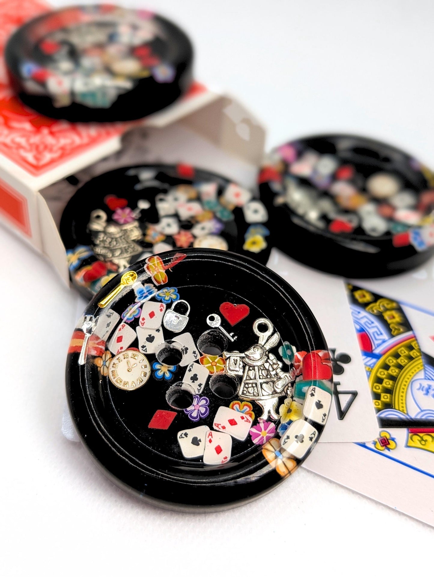 The Down The Button Hole Button - Giant One of a Kind Resin Art Button - Whimsical Collectable Fantasy sewing notion - Rabbit Cards & Charms