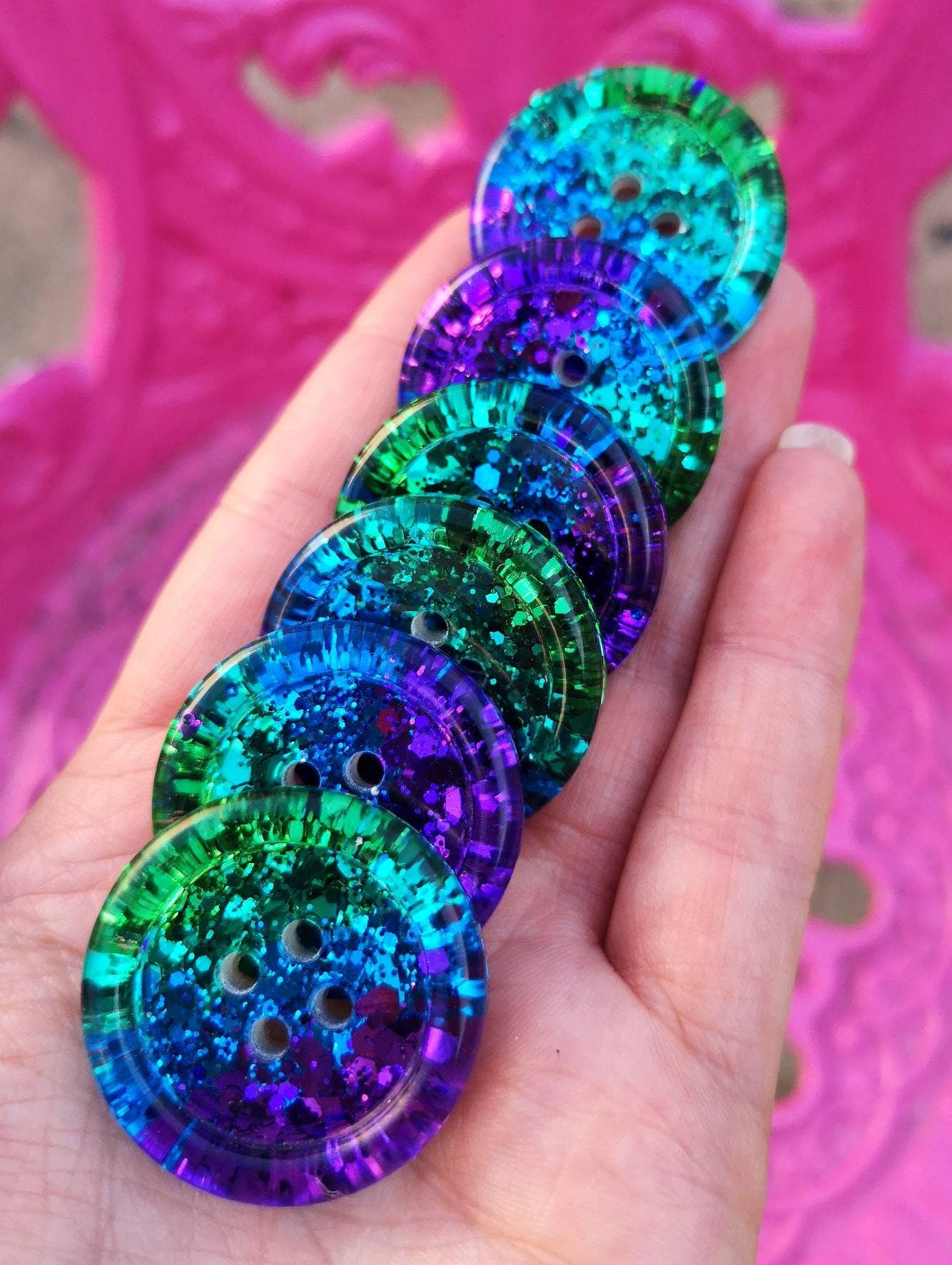 The Peacock Party Button – Shimmery Resin Button in Purple, Blue, Teal and Green