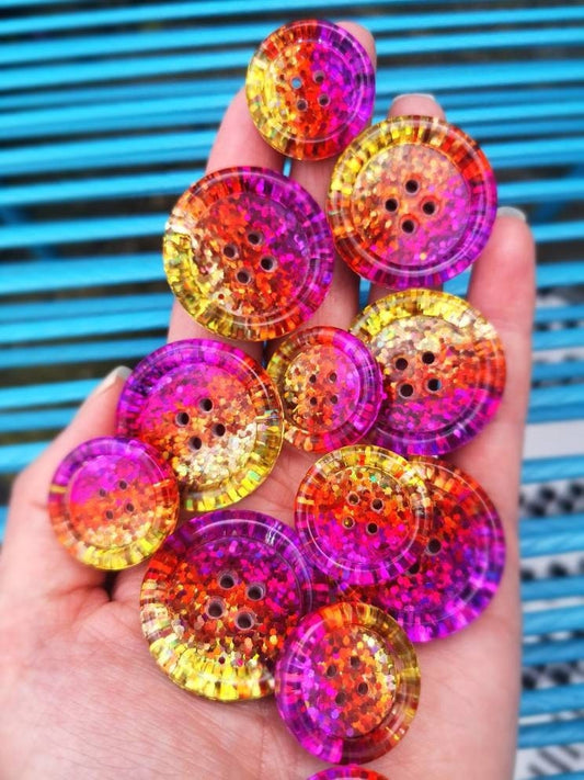 Malibu Sunset dazzler buttons - purple - pink - orange - gold - yellow - glitter. Club Tropicana-tastic!