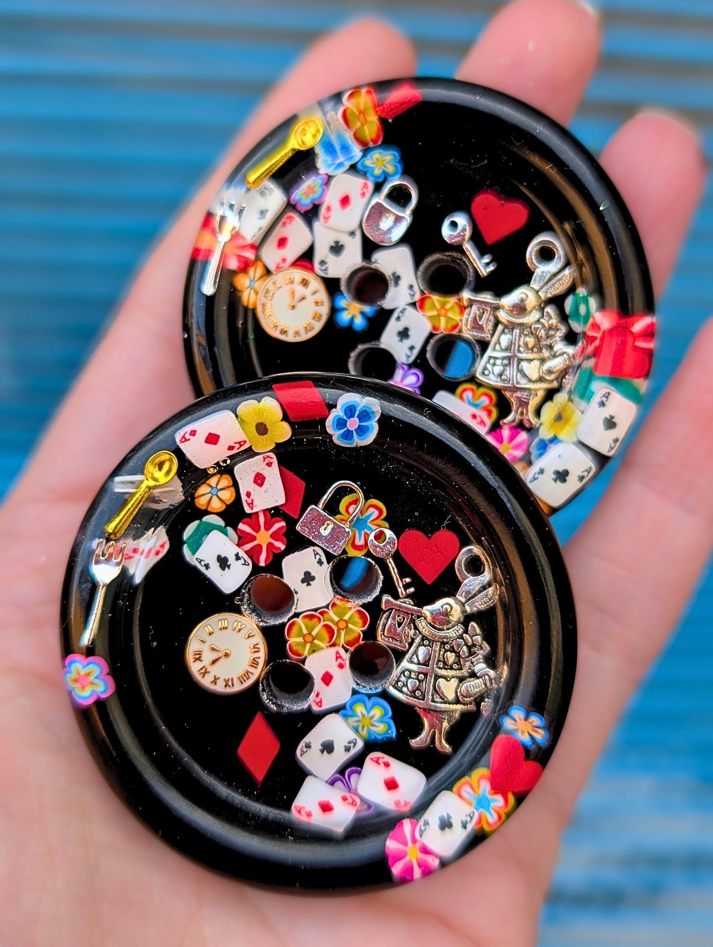 The Down The Button Hole Button - Giant One of a Kind Resin Art Button - Whimsical Collectable Fantasy sewing notion - Rabbit Cards & Charms