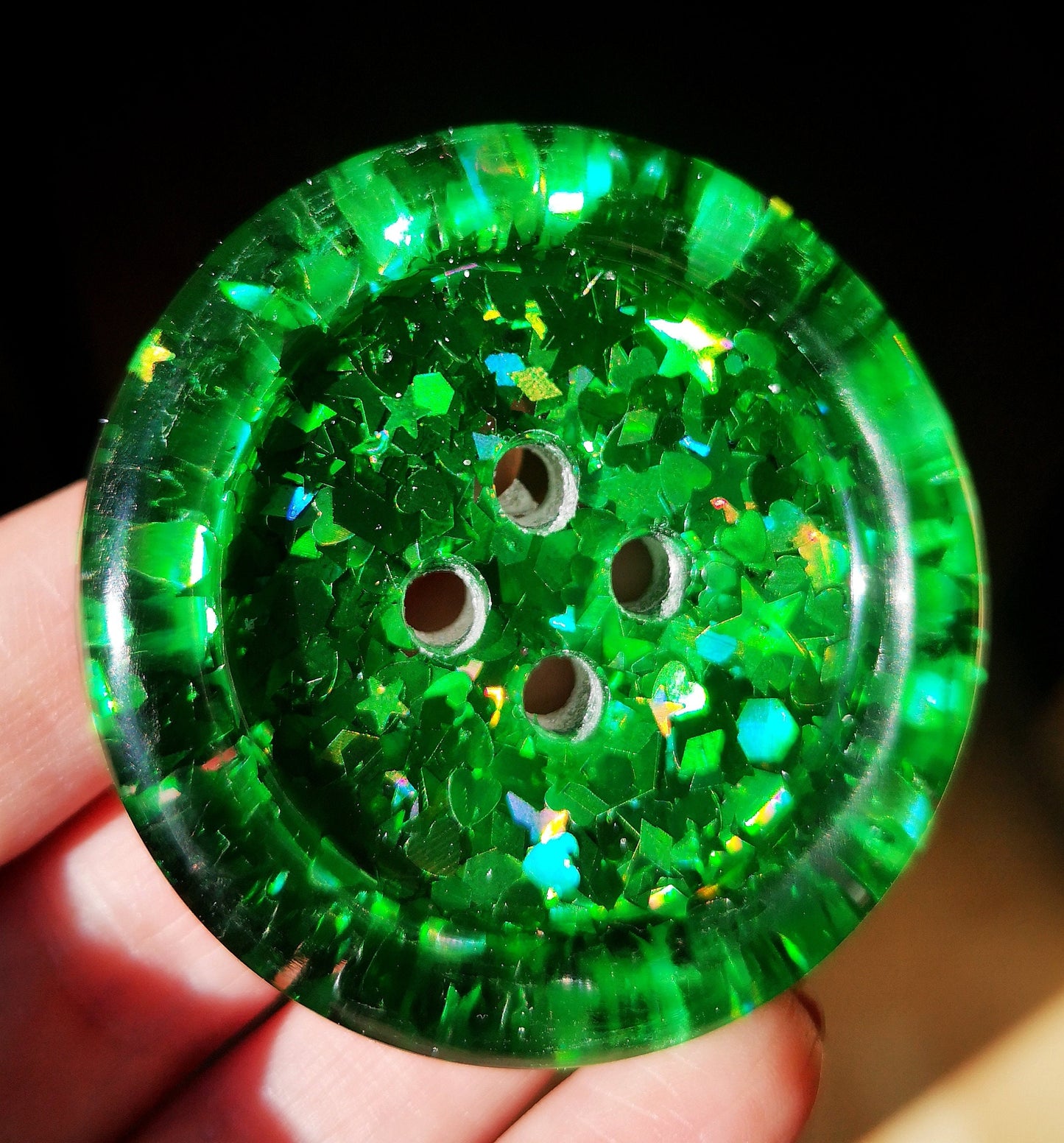 The Green-eyed Monster button - Colour shifting emerald green holographic iridescent glitter