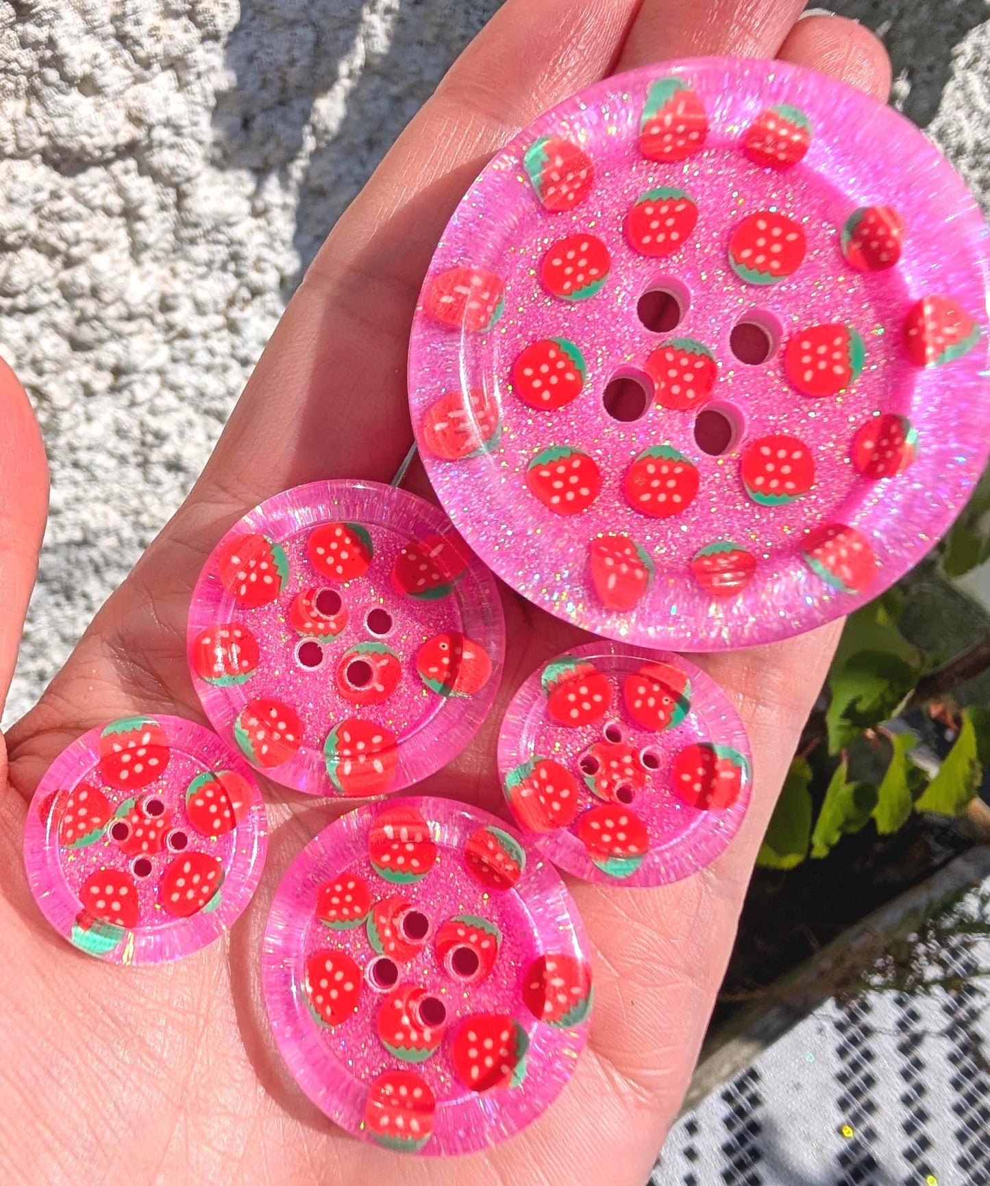 The Berry Cute Button – Strawberry Resin Button with Bubblegum Pink Glitter Sparkle