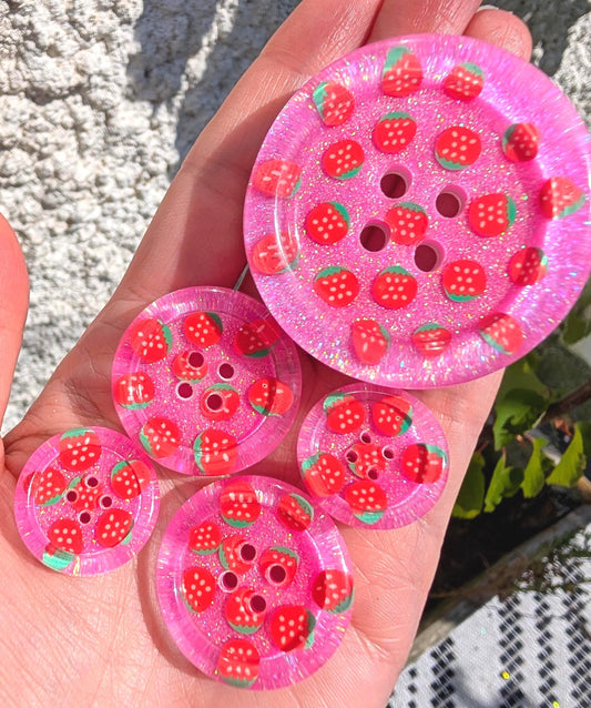 The Berry Cute Button – Strawberry Resin Button with Bubblegum Pink Glitter Sparkle