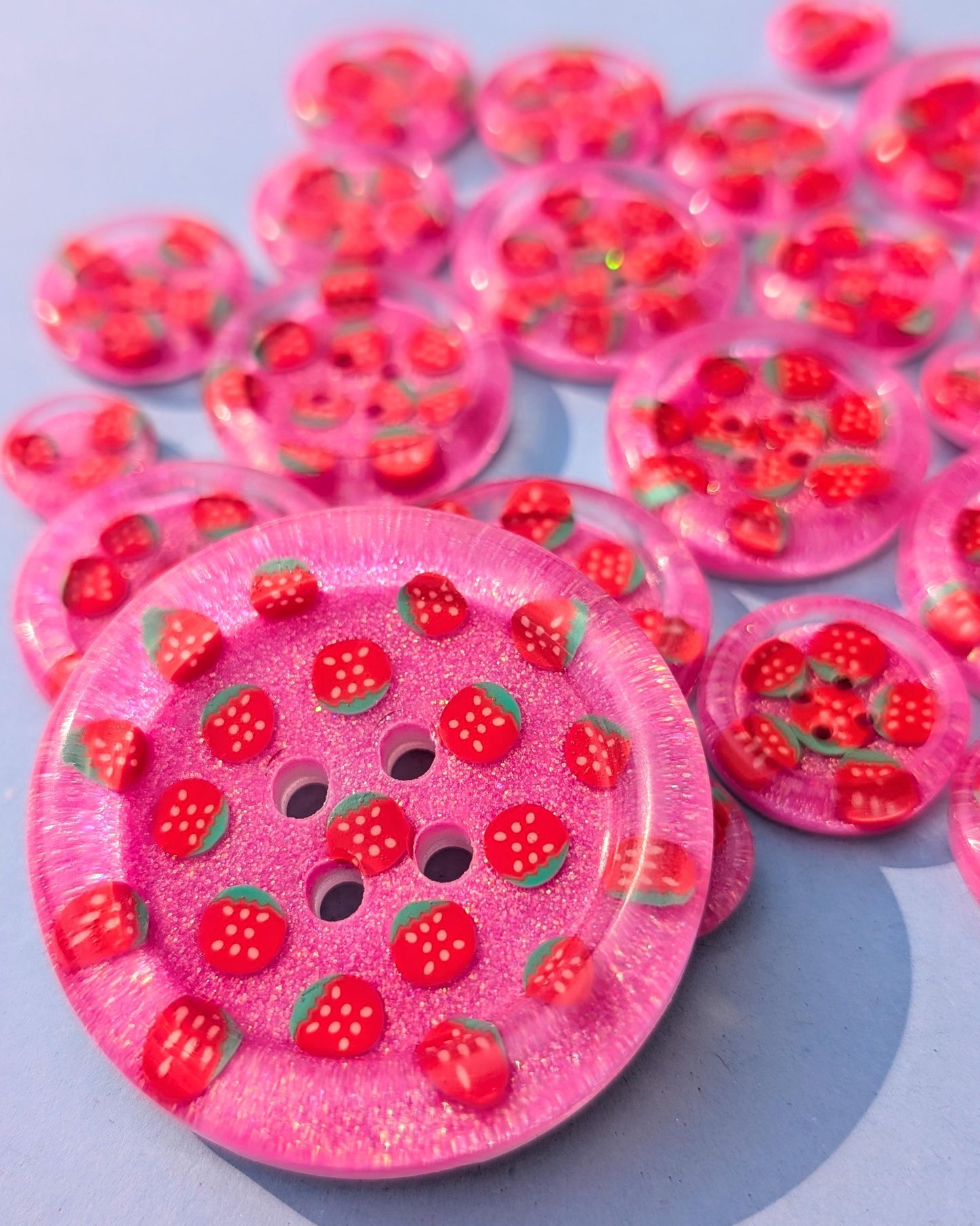 The Berry Cute Button – Strawberry Resin Button with Bubblegum Pink Glitter Sparkle